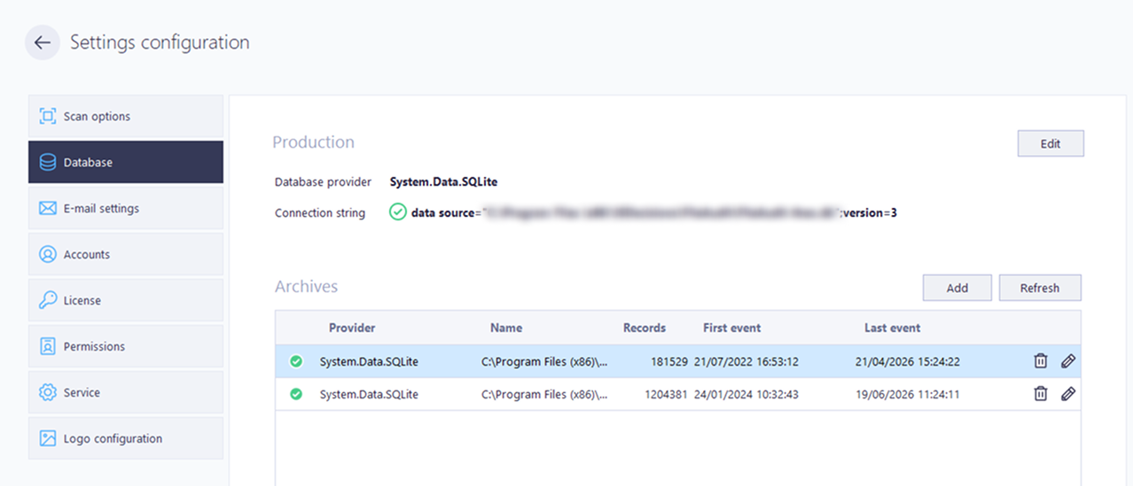 Settings Database Archives