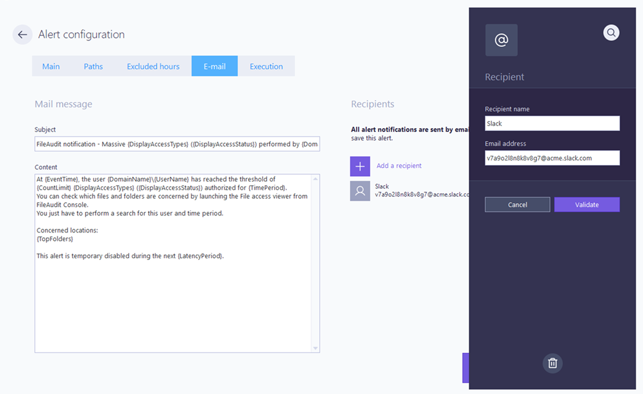 Alert configuration Slack email