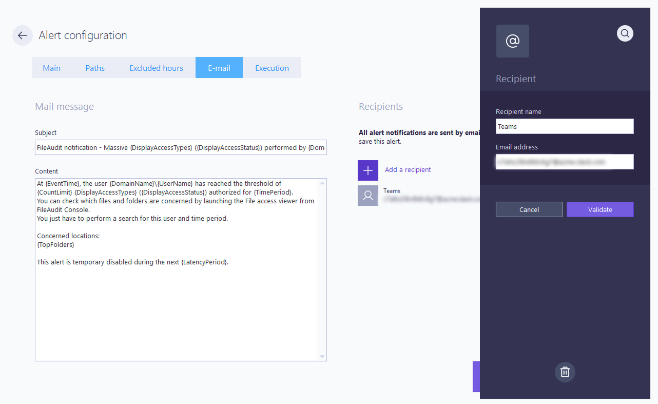 Alert configuration Teams email