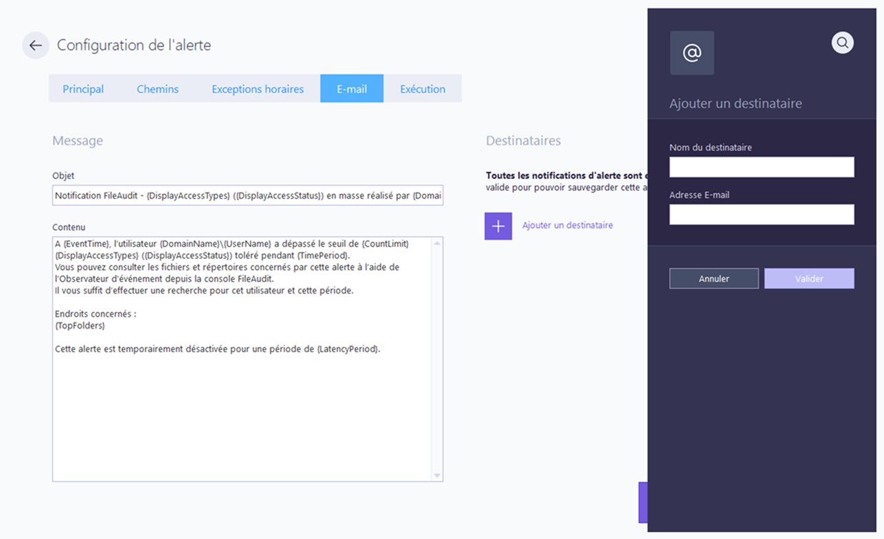 Configuration de l'alerte email