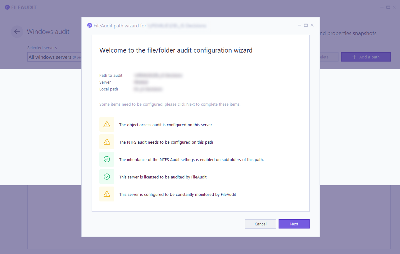 File / folder audit configuration wizard
