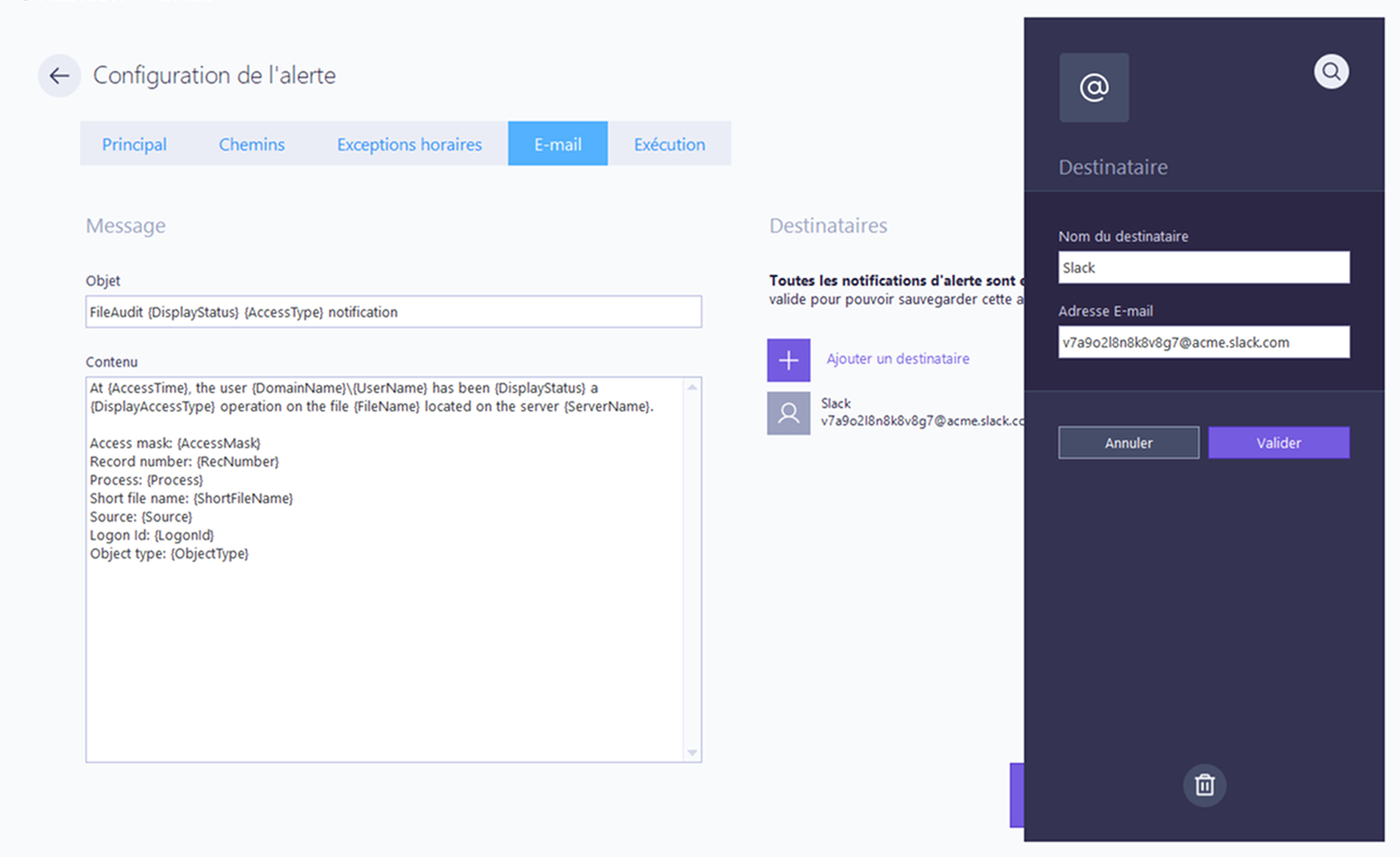 Configuration de l'alerte - Destinataire Slack