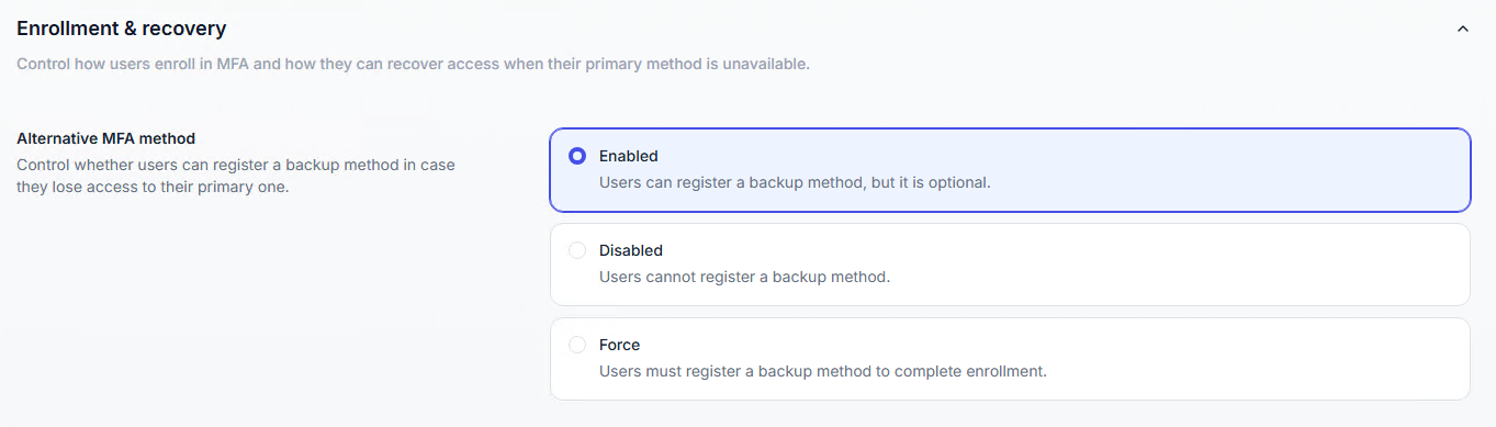 Enrollment and recovery options in UserLock console