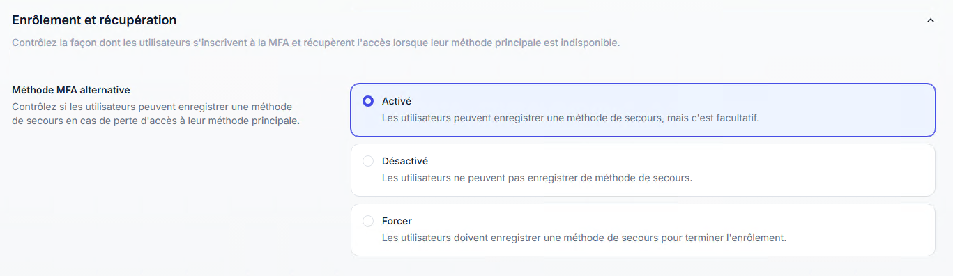 Options d’enrôlement et de récupération dans la console UserLock