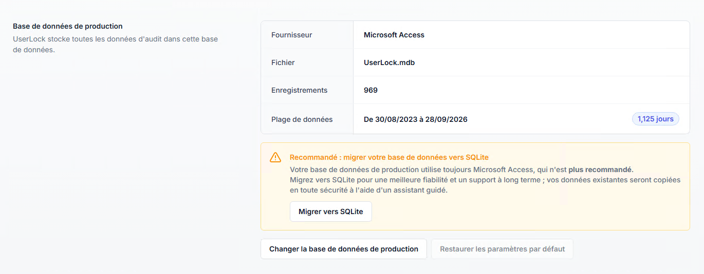 Propriété serveur - Base de données - Message de migration vers SQLite