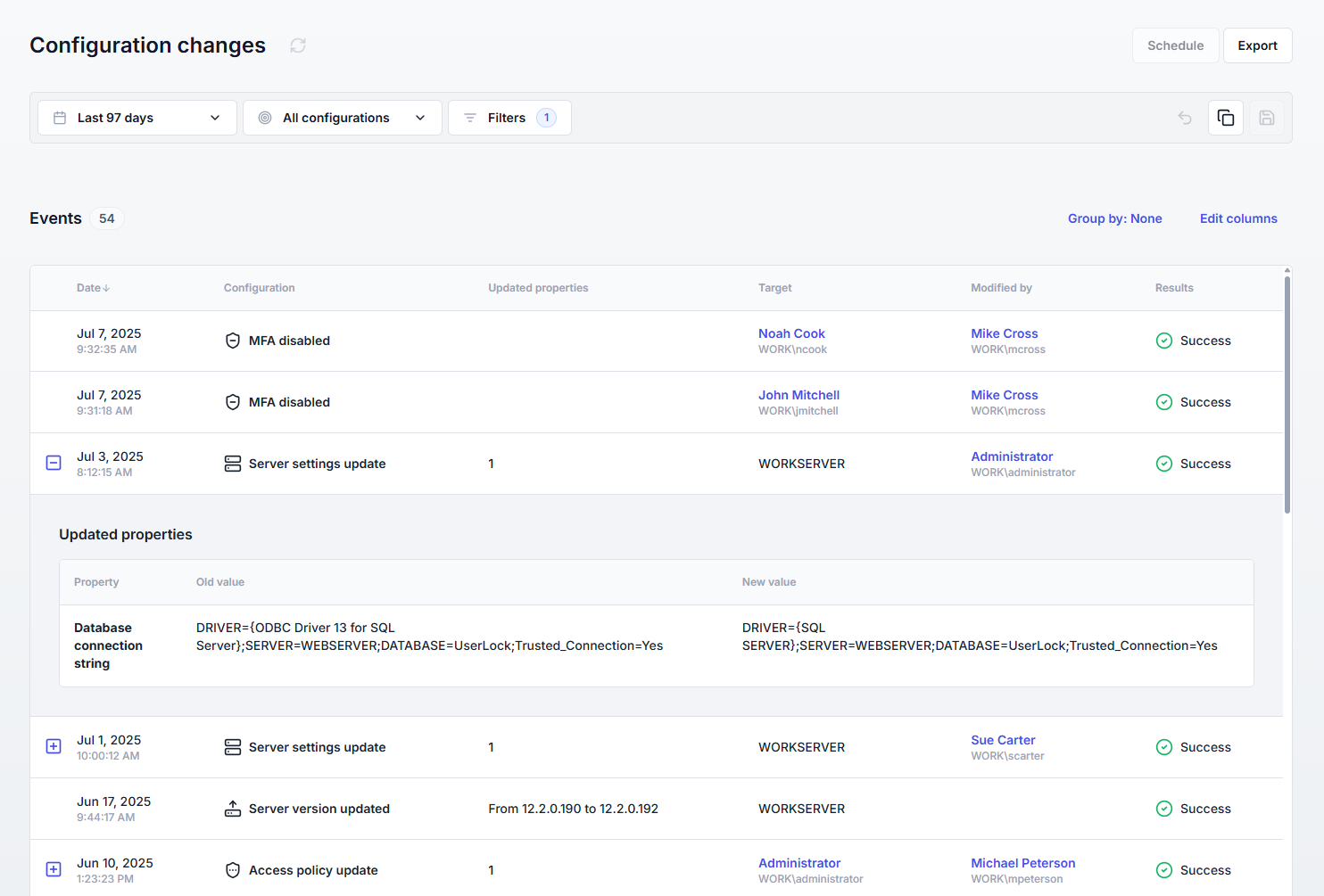 Report administrators configuration changes