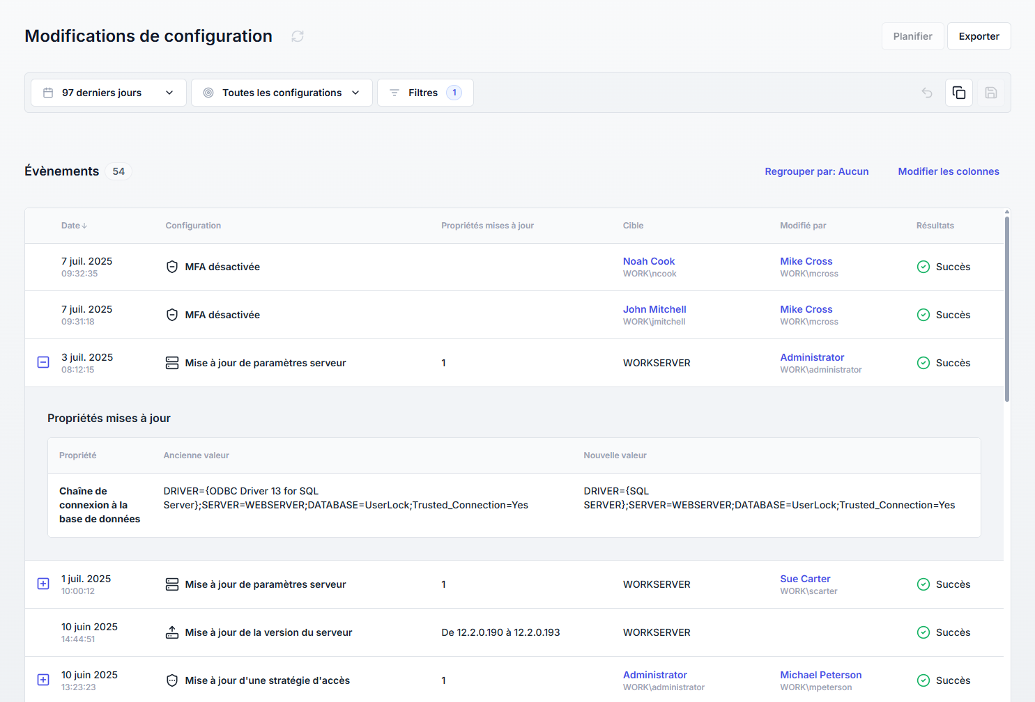 Rapport des modifications de configuration administrateurs