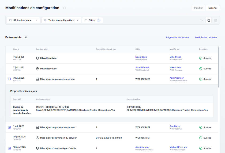 Rapport des modifications de configuration administrateurs