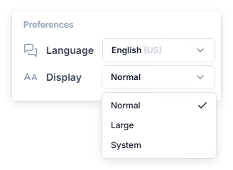 UserLock console options menu with the Display list open, showing the Normal, Large and System options