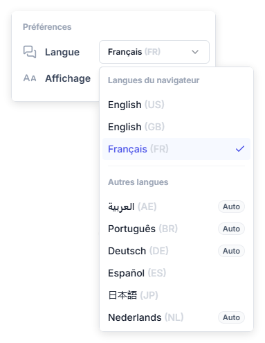 Menu d'options de la console UserLock avec la liste Langue ouverte, affichant les langues du navigateur et les autres langues, certaines marquées Auto