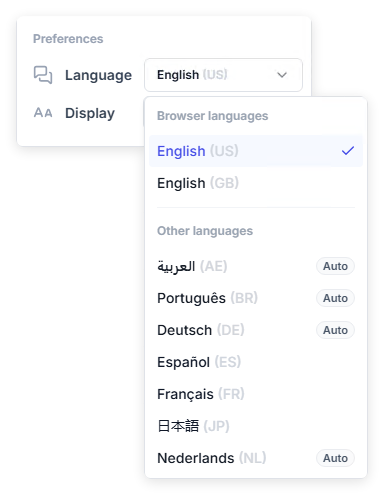 UserLock console options menu with the Language list open, showing browser languages and other languages, some marked Auto
