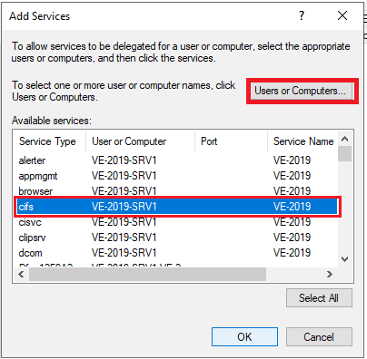 Select cifs services for delegation