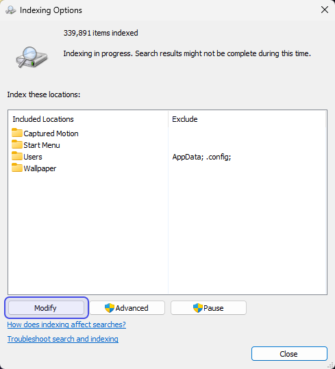 Indexing options Modify