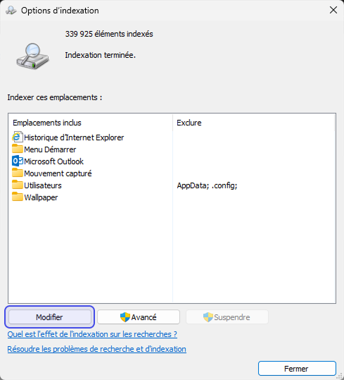 Options d'indexation - Modifier