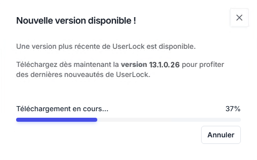 Boîte de dialogue de mise à jour UserLock affichant le téléchargement de l'installeur en cours