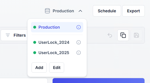 Dropdown menu showing database labeled "Production," "UserLock_2024," and "UserLock_2025," with options to "Add" and "Edit."