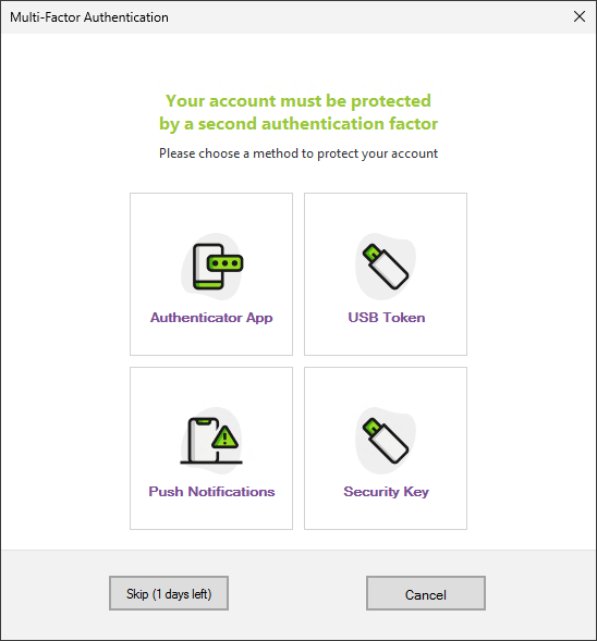 Enrolment page for UserLock with 4 available methods.