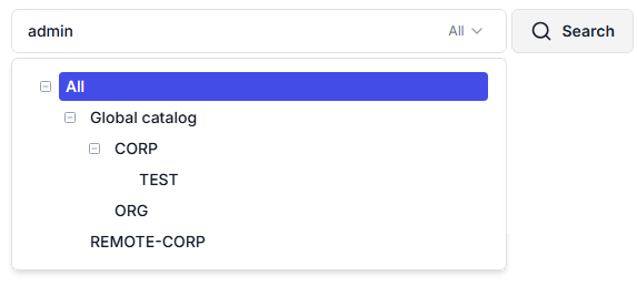 Domain picker open next to the search field, showing All, Global catalog with the CORP, TEST and ORG domains, and the trusted forest domain REMOTE-CORP.