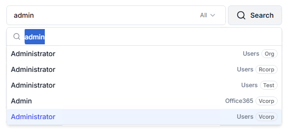 Search results for "admin" with the All scope, each result showing its container and a domain badge such as Org, Rcorp, Test or Vcorp.