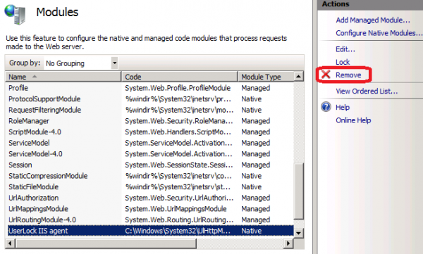 Remove UserLock agent modules list IIS