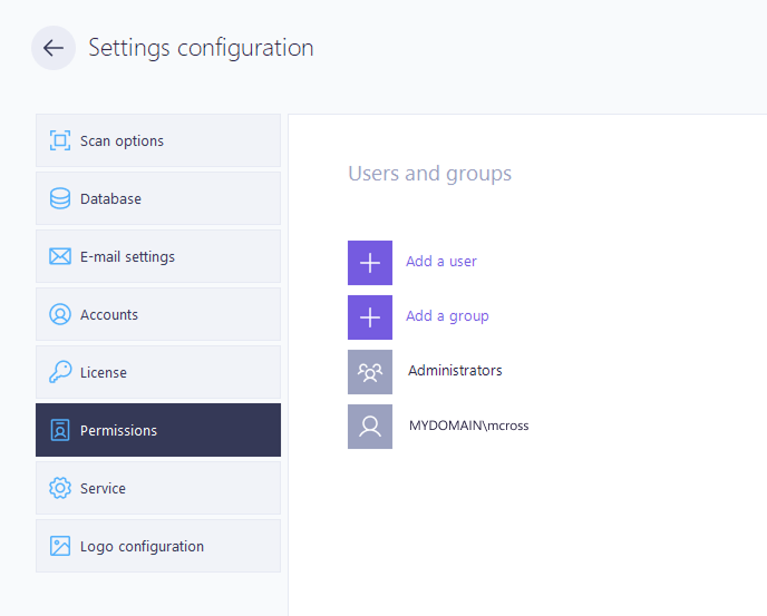 Settings configuration User and Groups