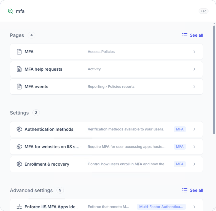 Global search results for "mfa" grouped into Pages (MFA, MFA help requests, MFA events), Settings (Authentication methods, MFA for websites on IIS servers, Enrollment & recovery) and Advanced settings.