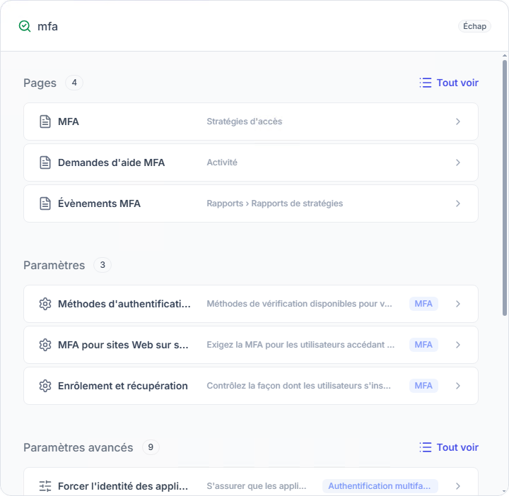 Résultats de la recherche globale pour « mfa », regroupés en Pages (MFA, Demandes d'aide MFA, Évènements MFA), Paramètres (Méthodes d'authentification, MFA pour sites Web sur serveurs IIS, Enrôlement et récupération) et Paramètres avancés.
