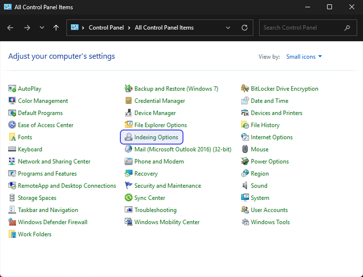 Control panel Indexing options