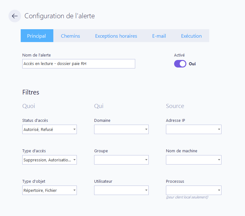 Configuration de l'alerte