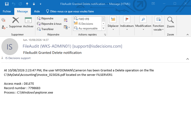 Notification sent by email