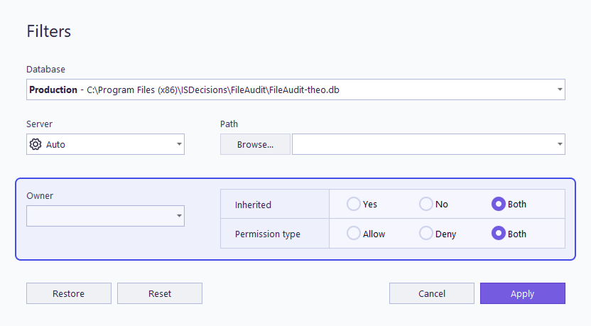 Filter by owner, inherited and permission type