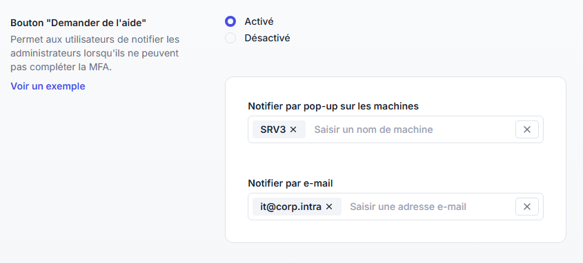 Option du bouton « Demander de l’aide » avec destinataires par popup et par e-mail