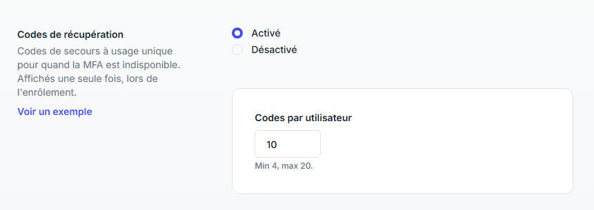 Option Codes de récupération avec le champ Codes par utilisateur