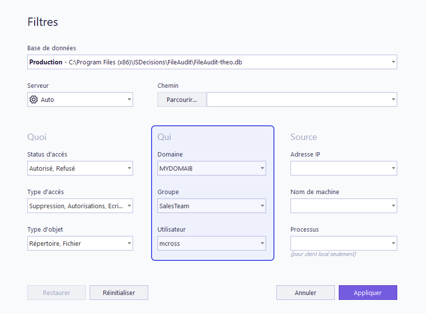 Filtre par domaine, groupe et utilisateur