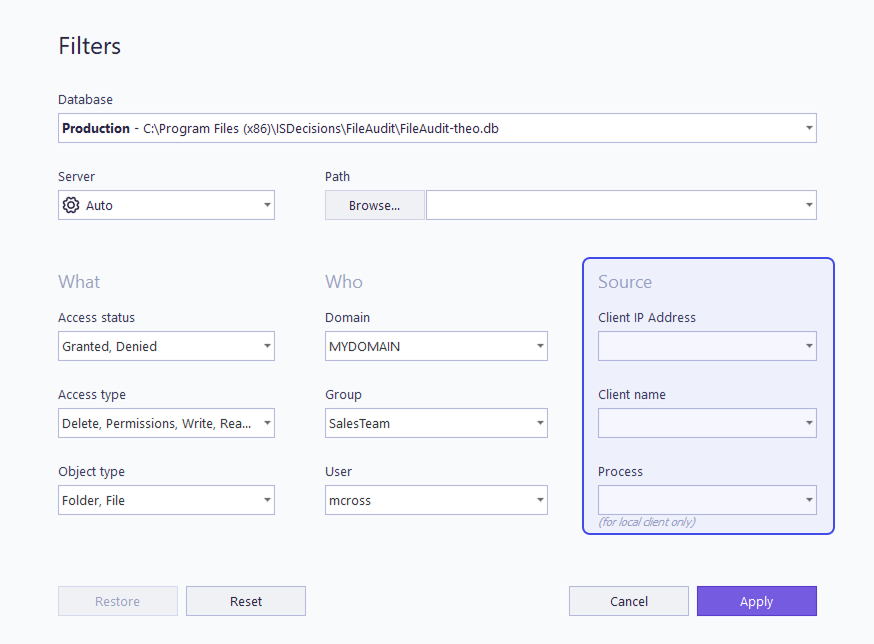 Filter by client IP address, client name and process