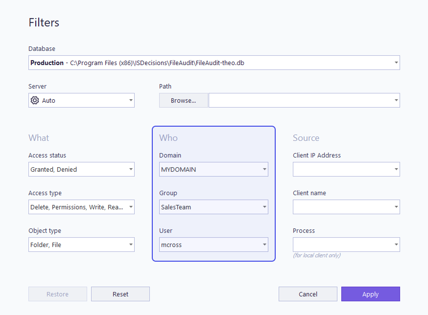 Filter by domain, group and user