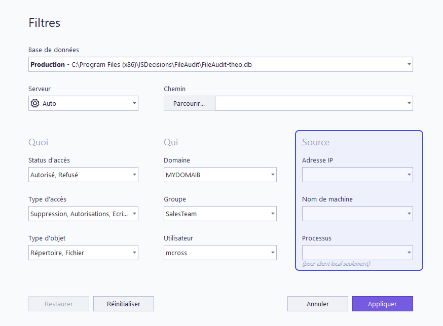 Filtre par adresse IP, nom de machine et processus