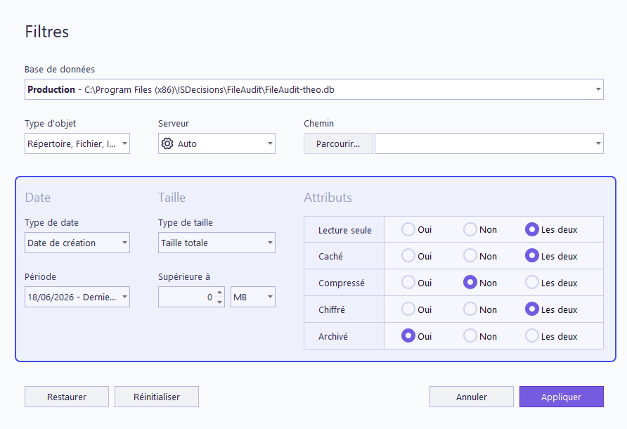 Filtre par date, taille et attributs