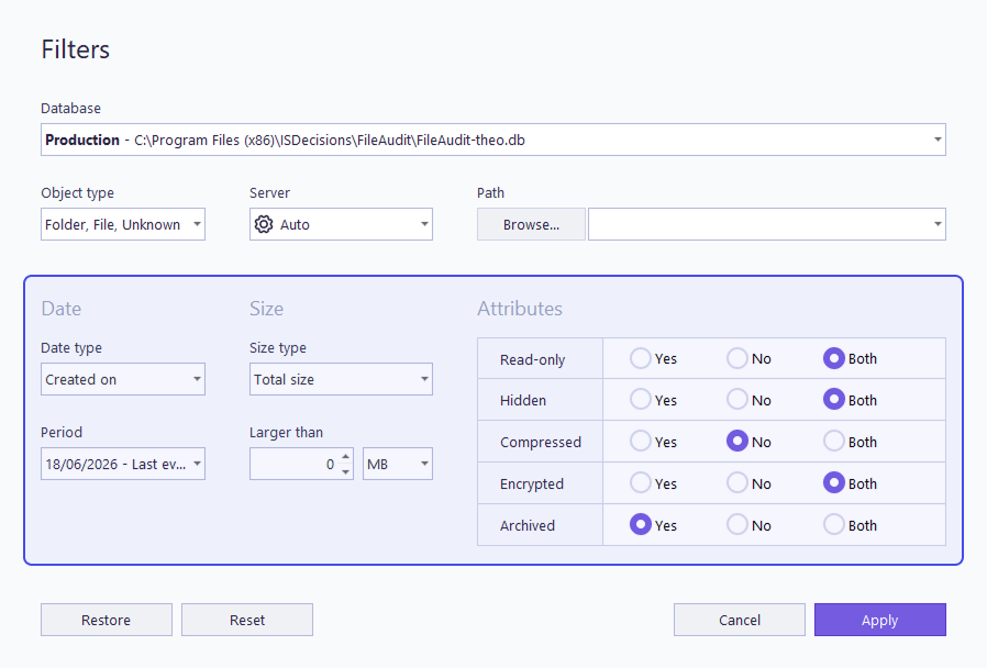 Filter by date, size and attributes