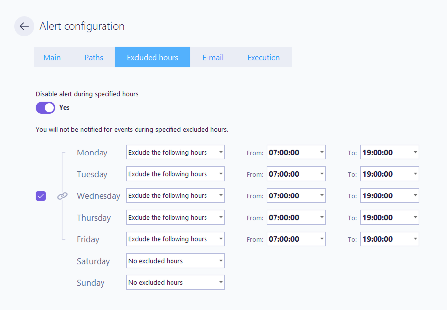 Alert configuration excluded hours