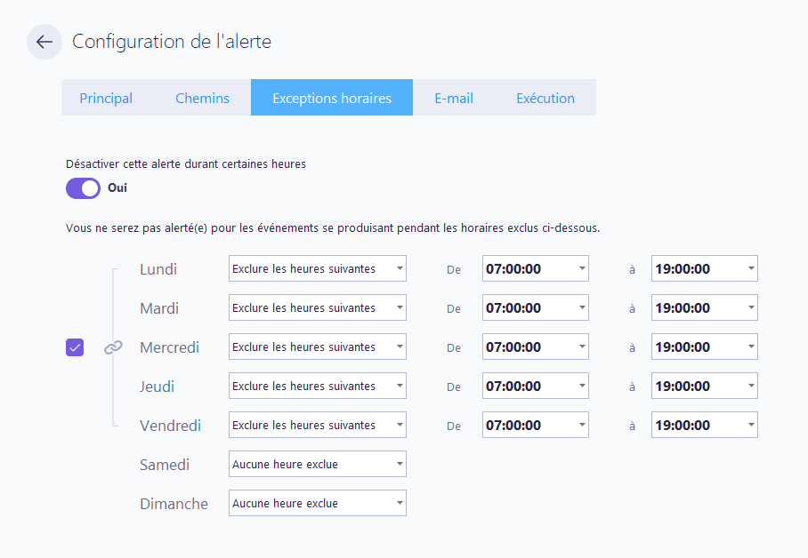 Configuration de l'alerte - Exceptions horaires