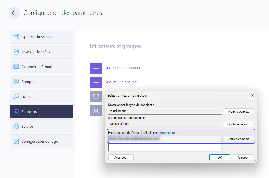Configuration des permissions - Ajout d'un utilisateur