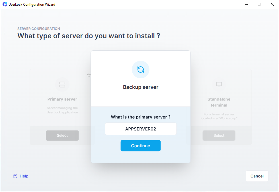 UserLock config wizard backup server type selection screen