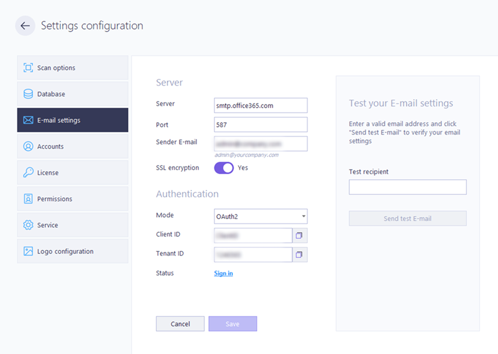 Settings configuration Email OAuth2