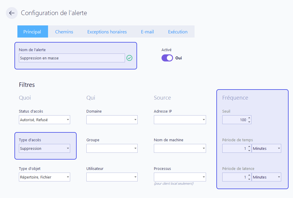 Configuration alertes en masse