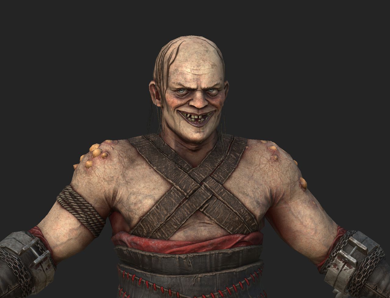“Awful Guy” character from Path of Exile 2, work by Gnomon graduate Caroline (Pricillia) Ng. The images show both the sculpted and textured versions of a grotesque, muscular character with rotting skin, boils, and leather restraints. Caroline handled high poly, low poly, baking, texturing, and look development for the model.