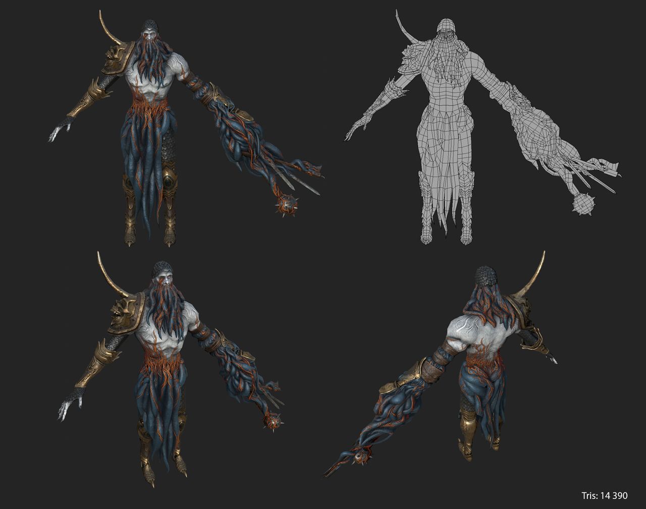 “Bitter Guy” character from Path of Exile, work by Gnomon graduate Caroline (Pricillia) Ng. The first image shows the character in-game. The second shows detailed character turnarounds and wireframe views. Concept by Roman Kupriianov.