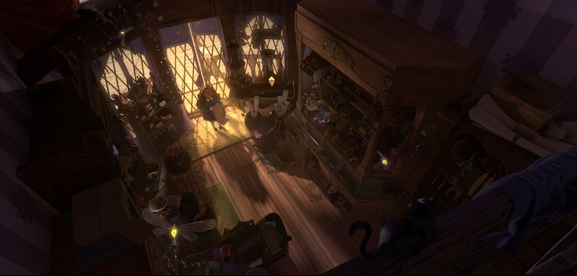 Interior view of an apothecary-style shop with warm light streaming through tall windows as a young girl stands reading a scroll. Created by Gnomon graduate Caroline (Pricillia) Ng as part of her Gnomon demo reel.