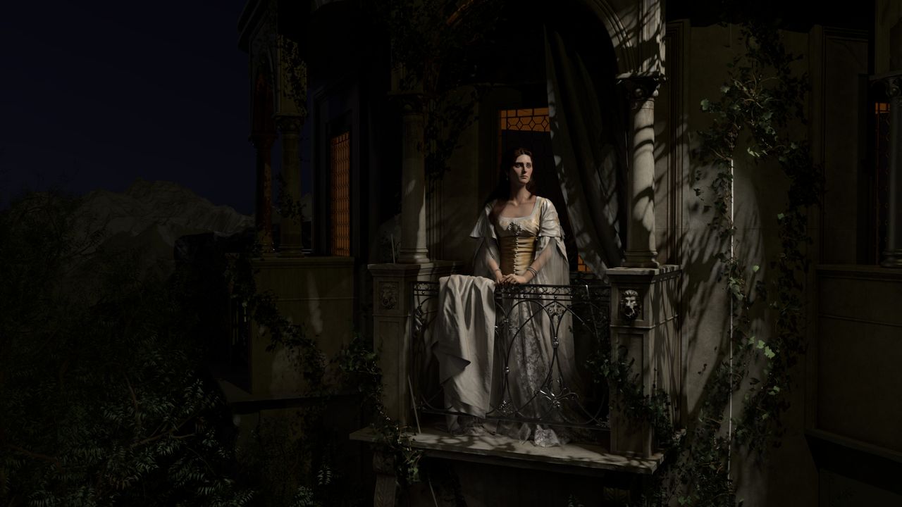 “Juliet on the Balcony,” a 3D character and environment project by Caroline (Pricillia) Ng. Inspired by a painting by Sir Francis Dicksee and rendered in V-Ray, the piece shows a solemn Juliet standing on a shadowed balcony at night, wearing an elegant gown and surrounded by classical architecture and foliage.