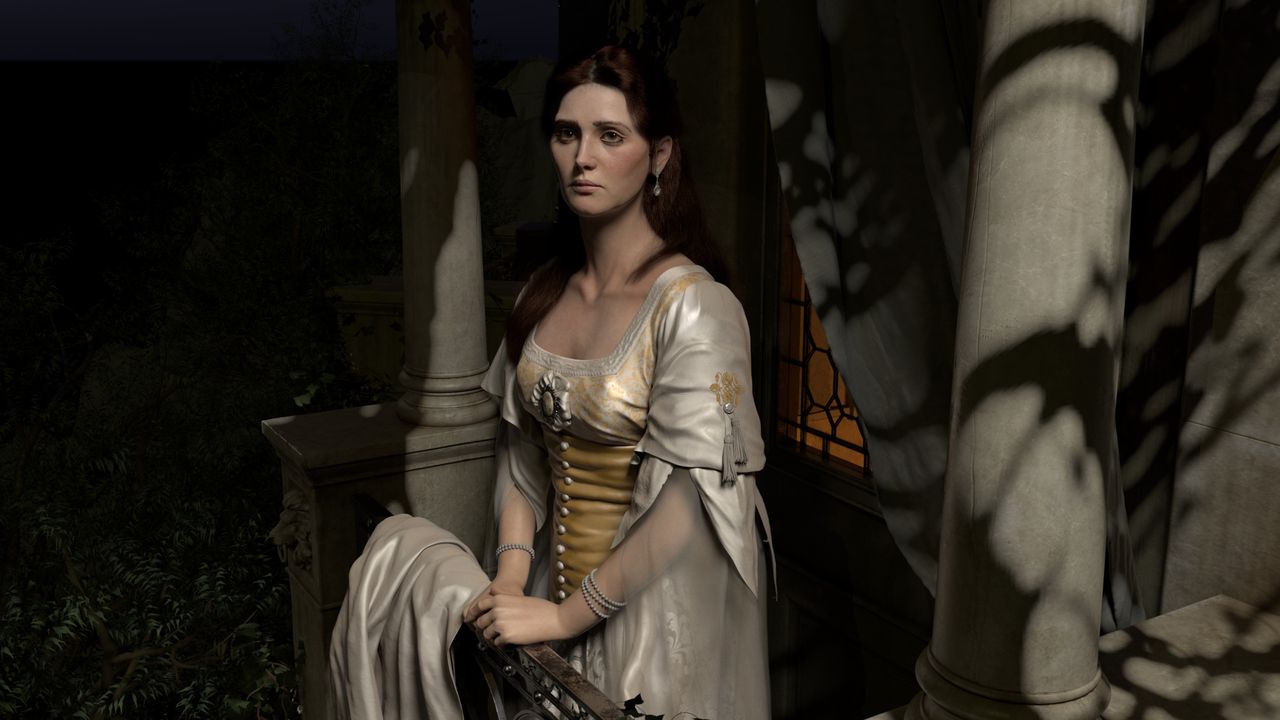 “Juliet on the Balcony,” a 3D character and environment project by Caroline (Pricillia) Ng. Inspired by a painting by Sir Francis Dicksee and rendered in V-Ray, the piece shows a solemn Juliet standing on a shadowed balcony at night, wearing an elegant gown and surrounded by classical architecture and foliage.